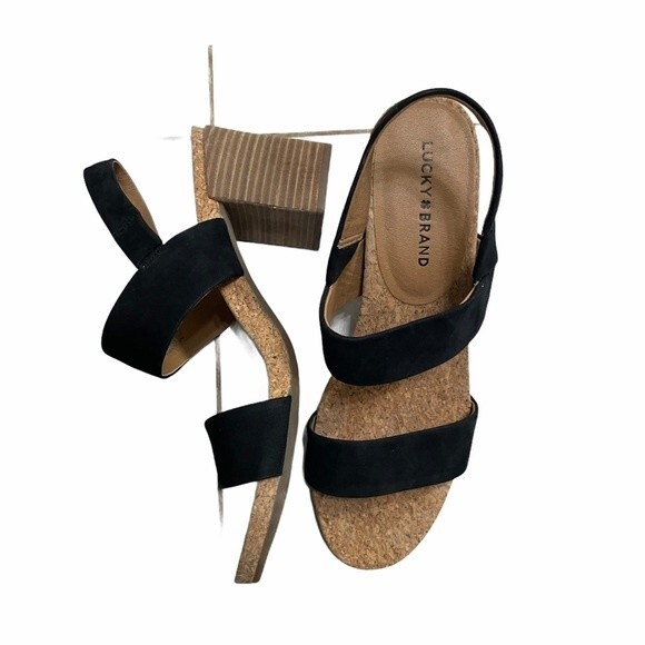 LUCKY BRAND | black strappy block cork heels *flawed* - Picture 1 of 5